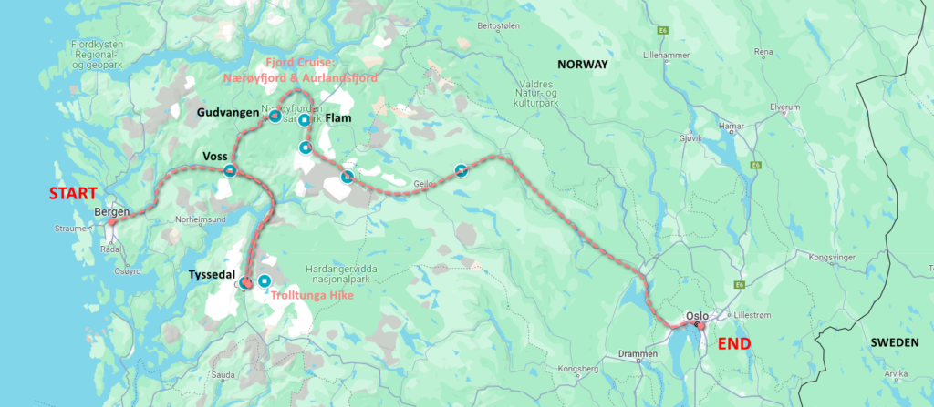 Route from Bergen to Oslo